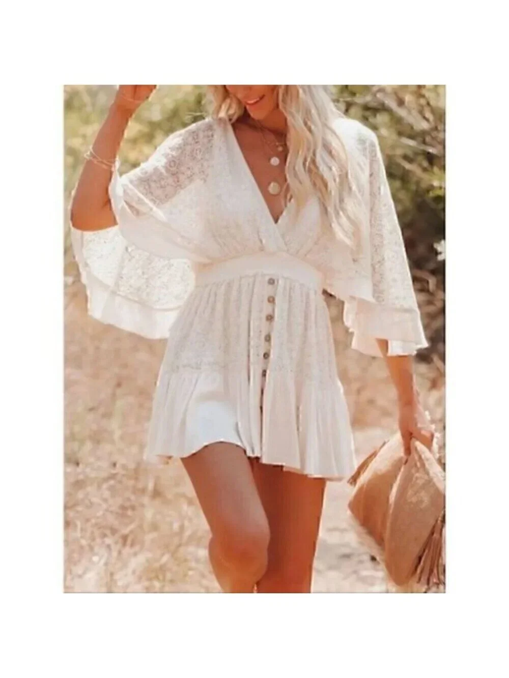 Casual Lace Patchwork Batwing Sleeve V Neck Fashion Summer Loose Dress L - Picture 2 of 7